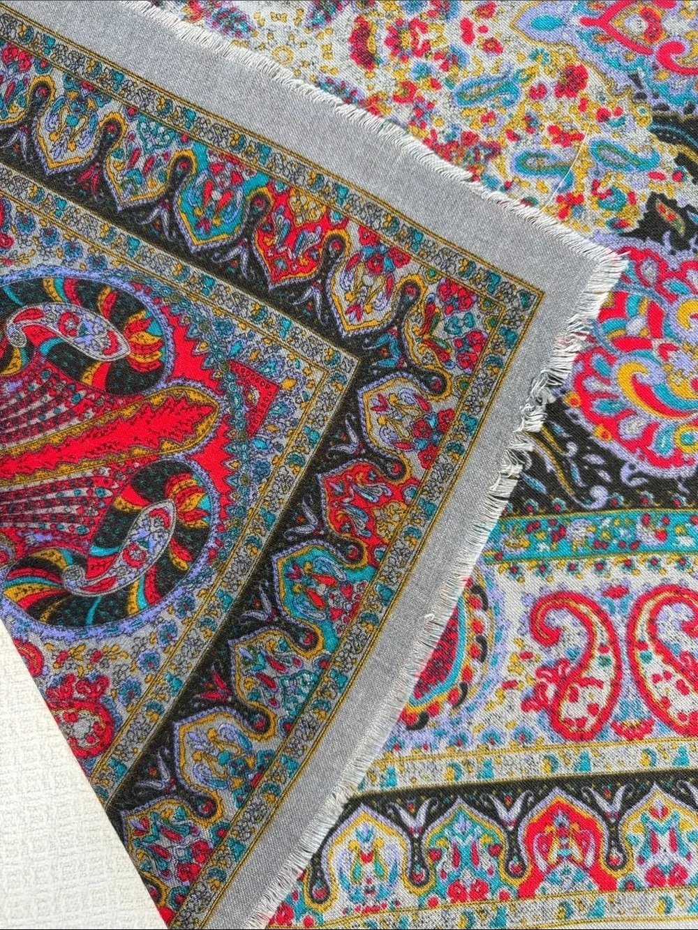 Square gray scarf with colorful paisley traditional print